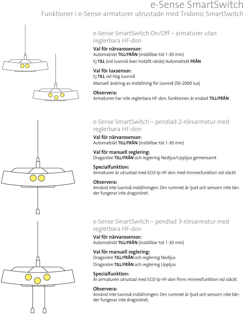 Armaturen har inte reglerbara HF-don, funktionen är endast TILL/FRÅN e-sense SmartSwitch pendlad 2-rörsarmatur med reglerbara HF-don Val för närvarosensor: Automatiskt TILL/FRÅN (inställbar tid 1-30