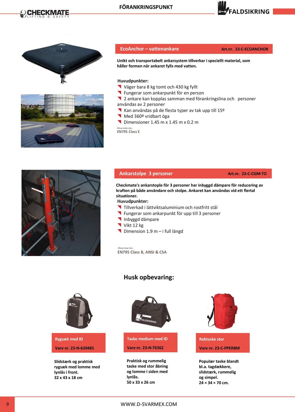 upp till 15º Med 360º vridbart öga Dimensioner 1.45 m x 1.45 m x 0.2 m EN795 Class E Ankarstolpe 3 personer Art.nr.