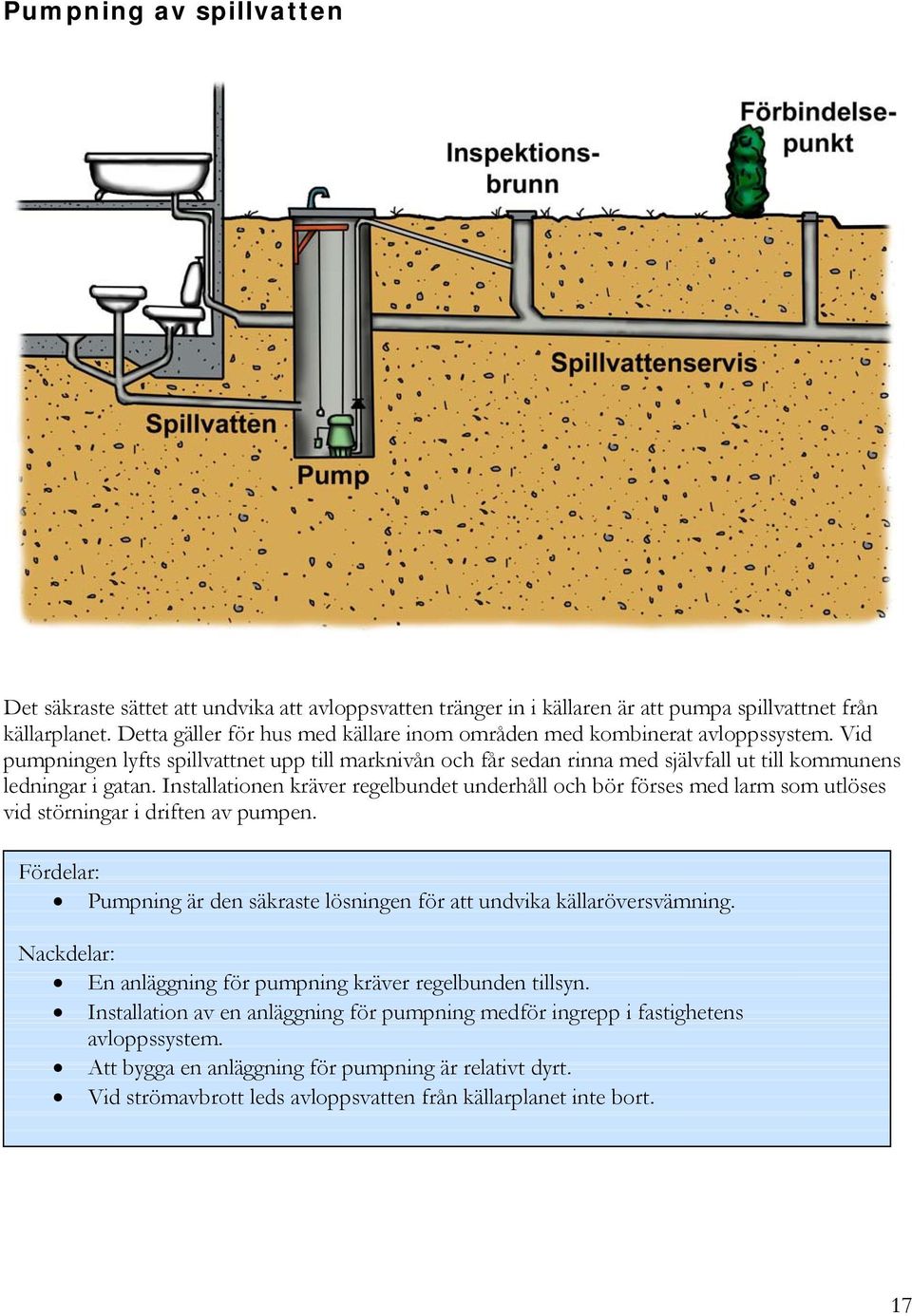 Installationen kräver regelbundet underhåll och bör förses med larm som utlöses vid störningar i driften av pumpen. Fördelar: Pumpning är den säkraste lösningen för att undvika källaröversvämning.