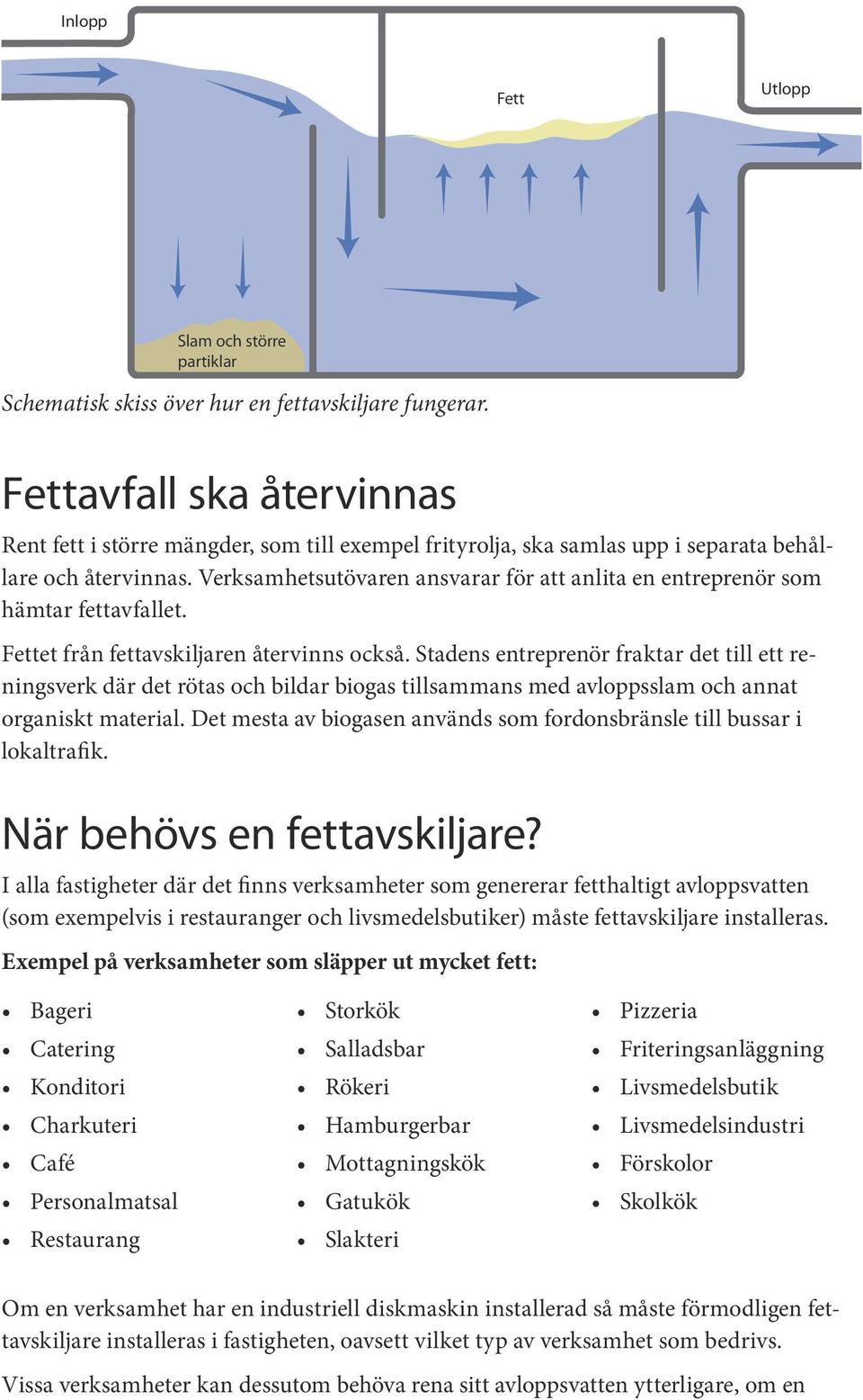 Verksamhetsutövaren ansvarar för att anlita en entreprenör som hämtar fettavfallet. Fettet från fettavskiljaren återvinns också.