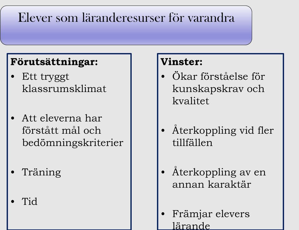 Vinster: Ökar förståelse för kunskapskrav och kvalitet Återkoppling vid