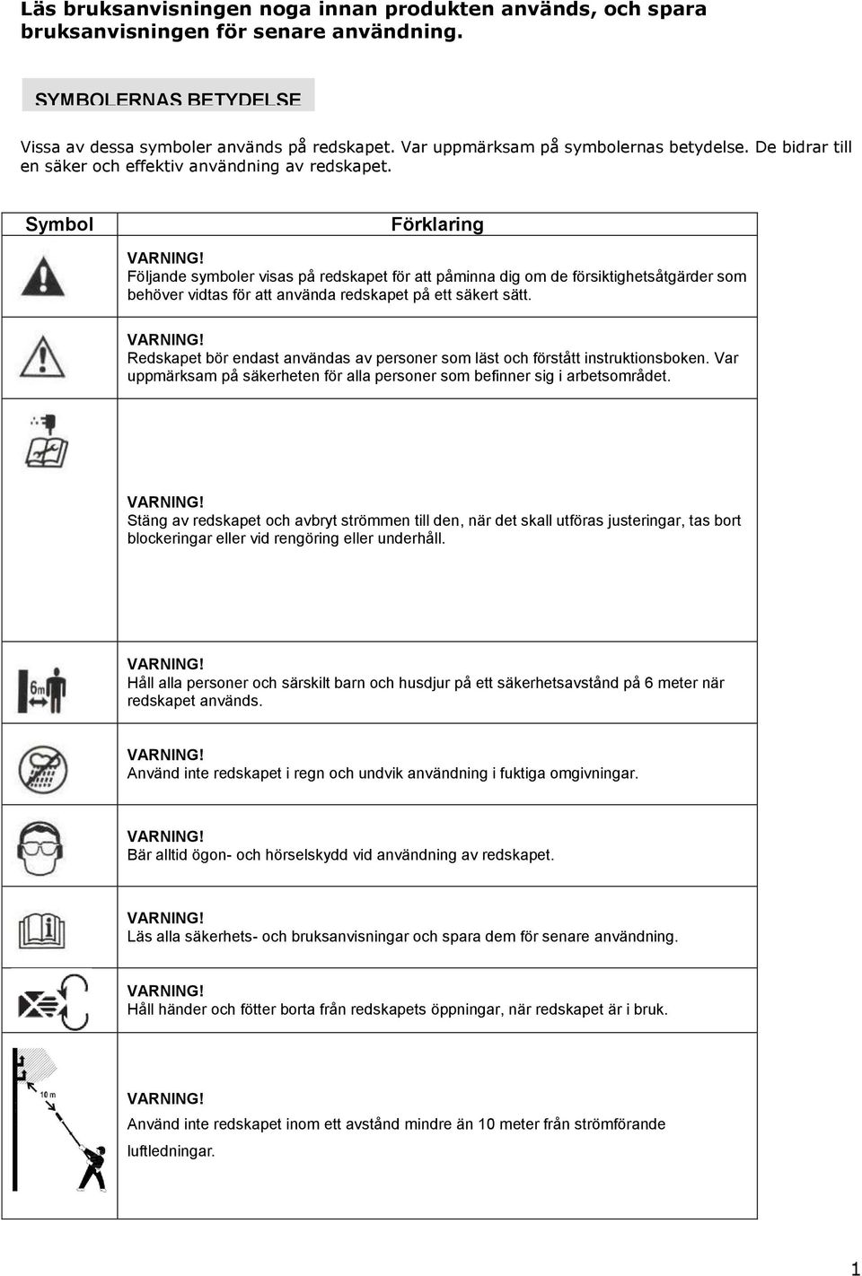 Symbol Förklaring Följande symboler visas på redskapet för att påminna dig om de försiktighetsåtgärder som behöver vidtas för att använda redskapet på ett säkert sätt.