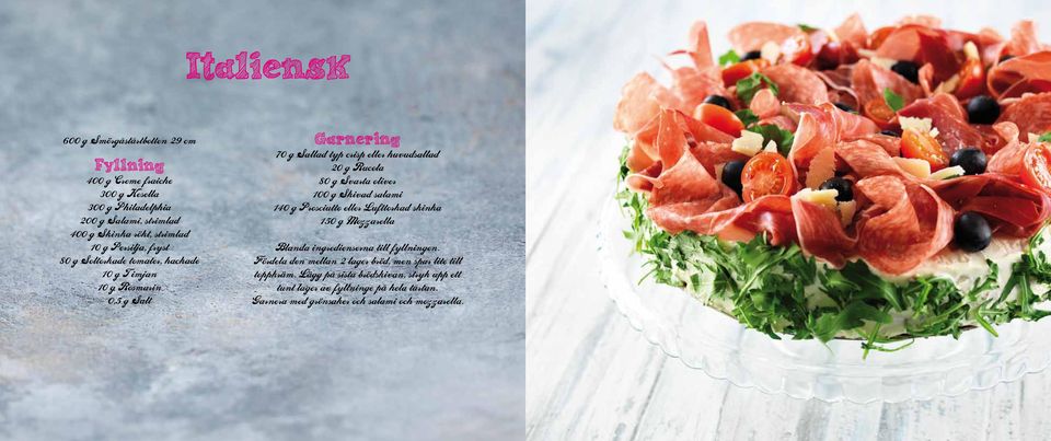 oliver 100 g Skivad salami 140 g Prosciutto eller Lufttorkad skinka 150 g Mozzarella Blanda ingredienserna till fyllningen.