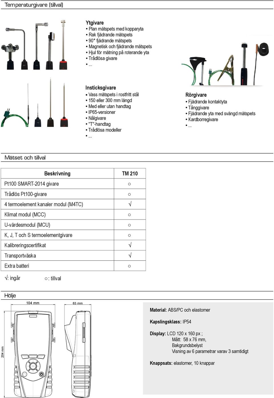 yta med svängd mätspets Kardborregivare Mätset och tillval Beskrivning TM 210 Pt100 SMART2014 givare Trådlös Pt100givare 4 termoelement kanaler modul (M4TC) Klimat modul (MCC) Uvärdesmodul (MCU) K,