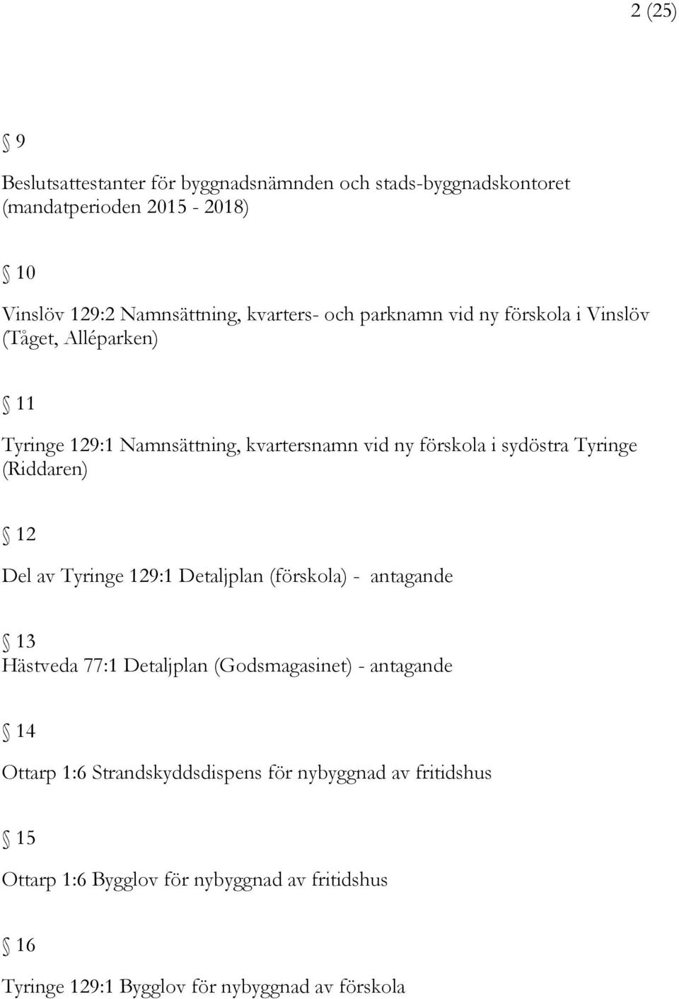 Tyringe (Riddaren) 12 Del av Tyringe 129:1 Detaljplan (förskola) - antagande 13 Hästveda 77:1 Detaljplan (Godsmagasinet) - antagande 14