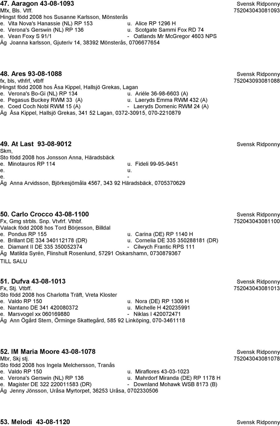 Ares 93-08-1088 Svensk Ridponny fx, bls, vthfrf, vtbff 752043093081088 Hingst född 2008 hos Åsa Kippel, Hallsjö Grekas, Lagan e. Verona's Bo-Gi (NL) RP 134 u. Ariéle 36-98-6603 (A) e.