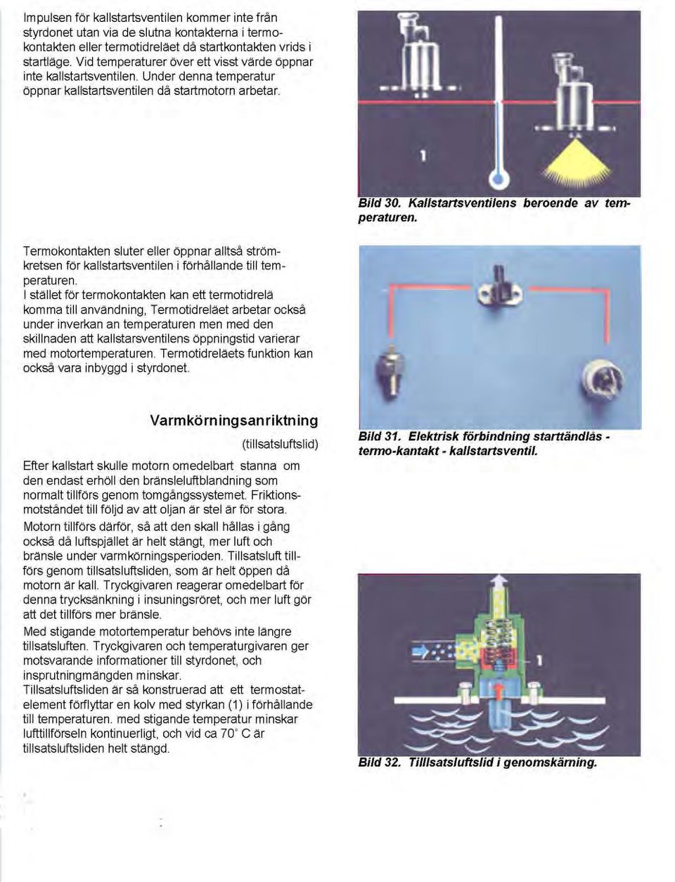 ....... Termokontakten sluter eller öppnar alltså strömkretsen för kallstartsventilen i förhållande till temperaturen.
