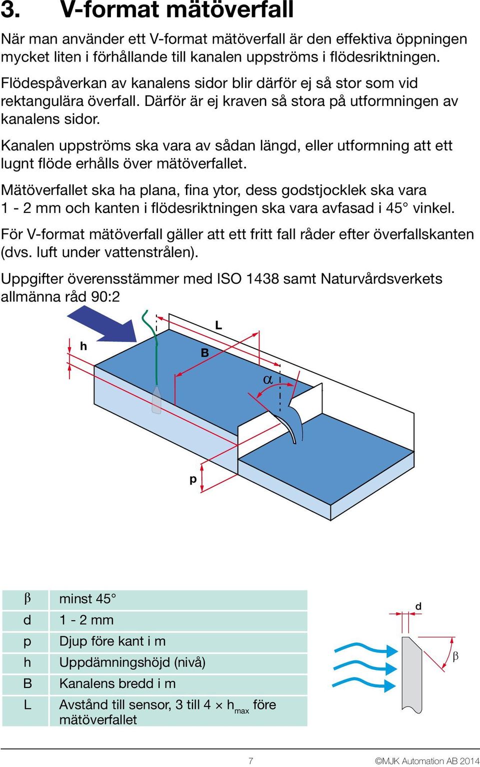 Kanalen uppströms ska vara av sådan längd, eller utformning att ett lugnt flöde erhålls över mätöverfallet.