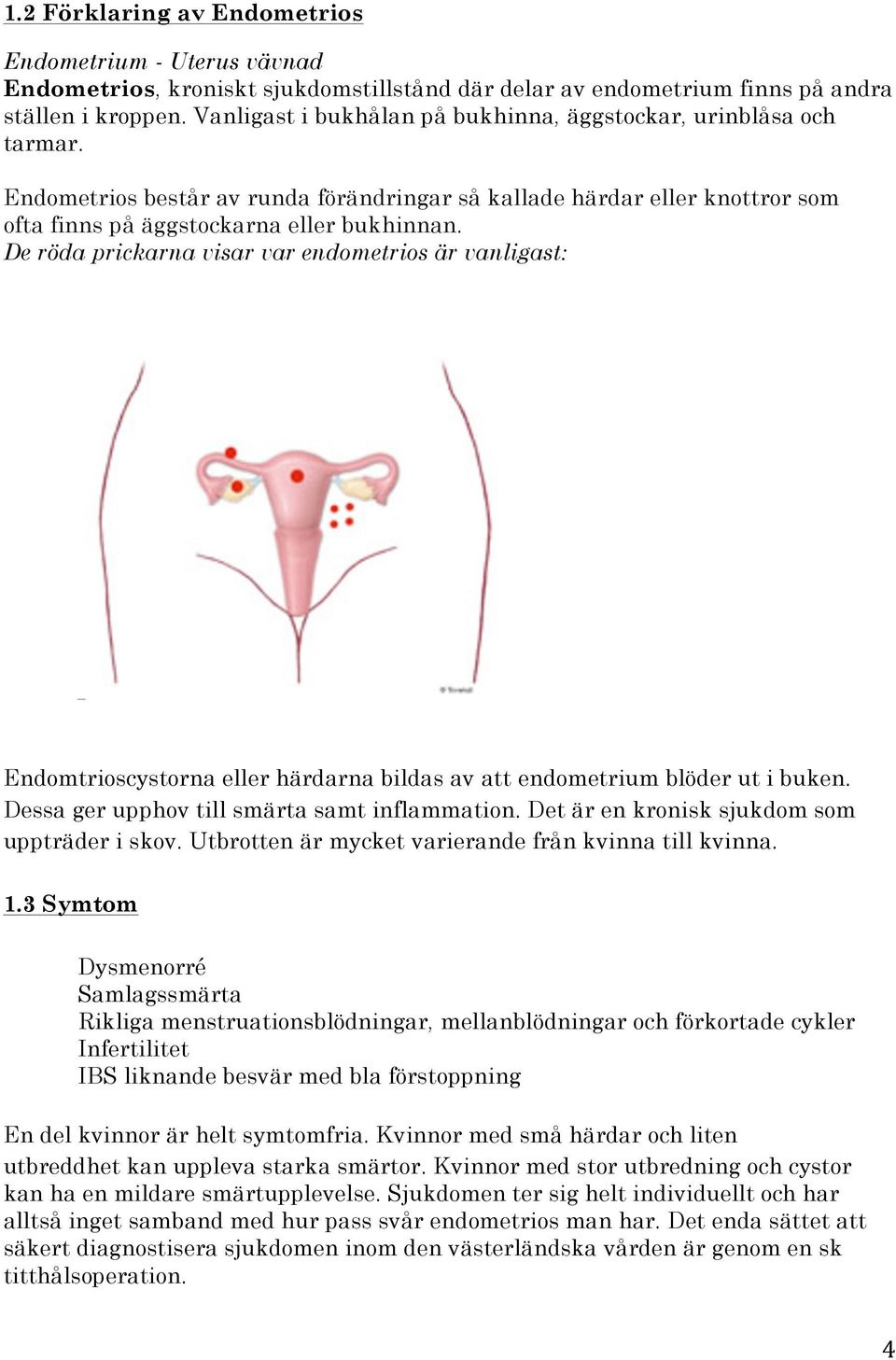 De röda prickarna visar var endometrios är vanligast: Endomtrioscystorna eller härdarna bildas av att endometrium blöder ut i buken. Dessa ger upphov till smärta samt inflammation.