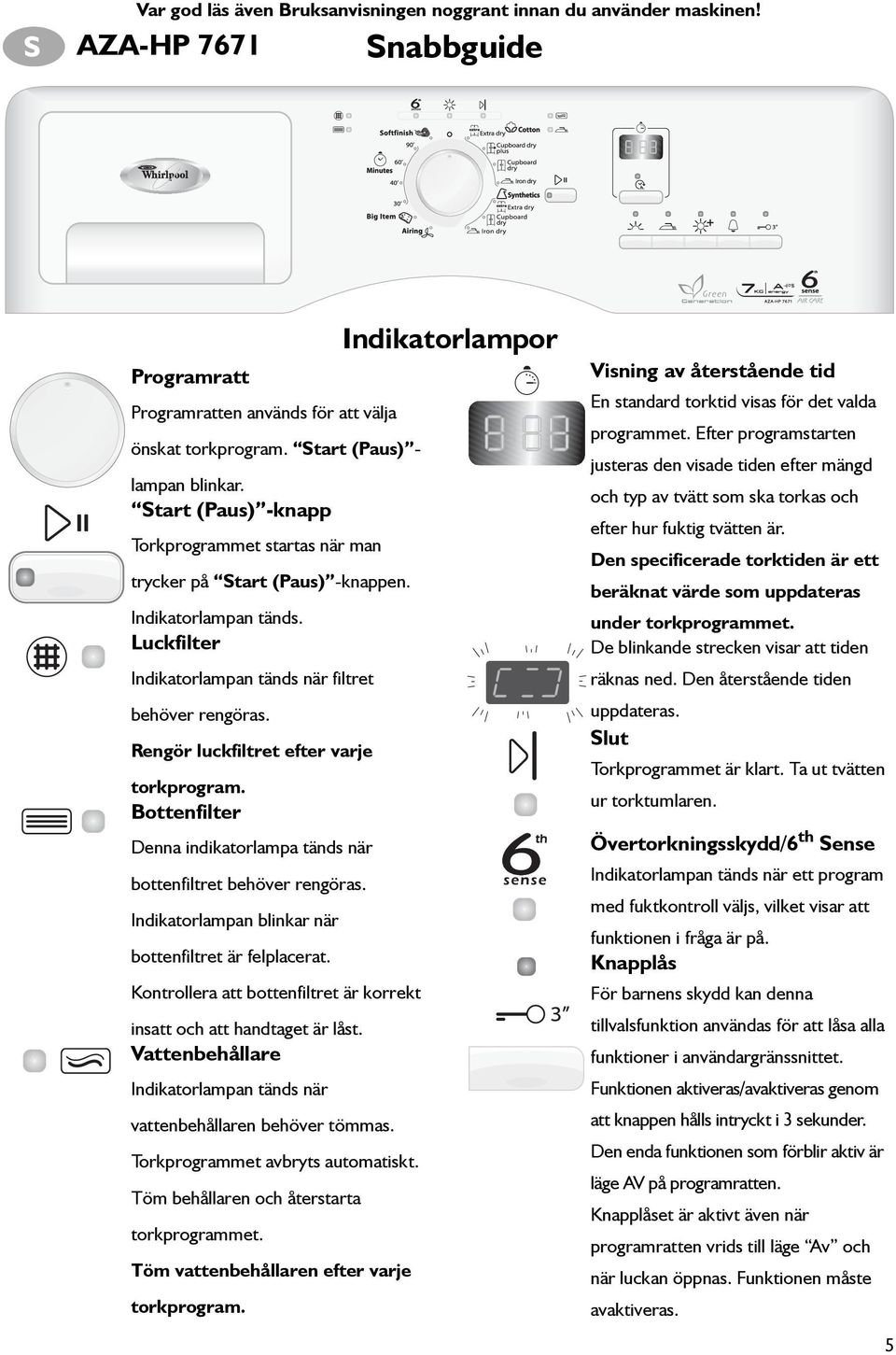 Rengör luckfiltret efter varje torkprogram. Bottenfilter Denna indikatorlampa tänds när bottenfiltret behöver rengöras. Indikatorlampan blinkar när bottenfiltret är felplacerat.