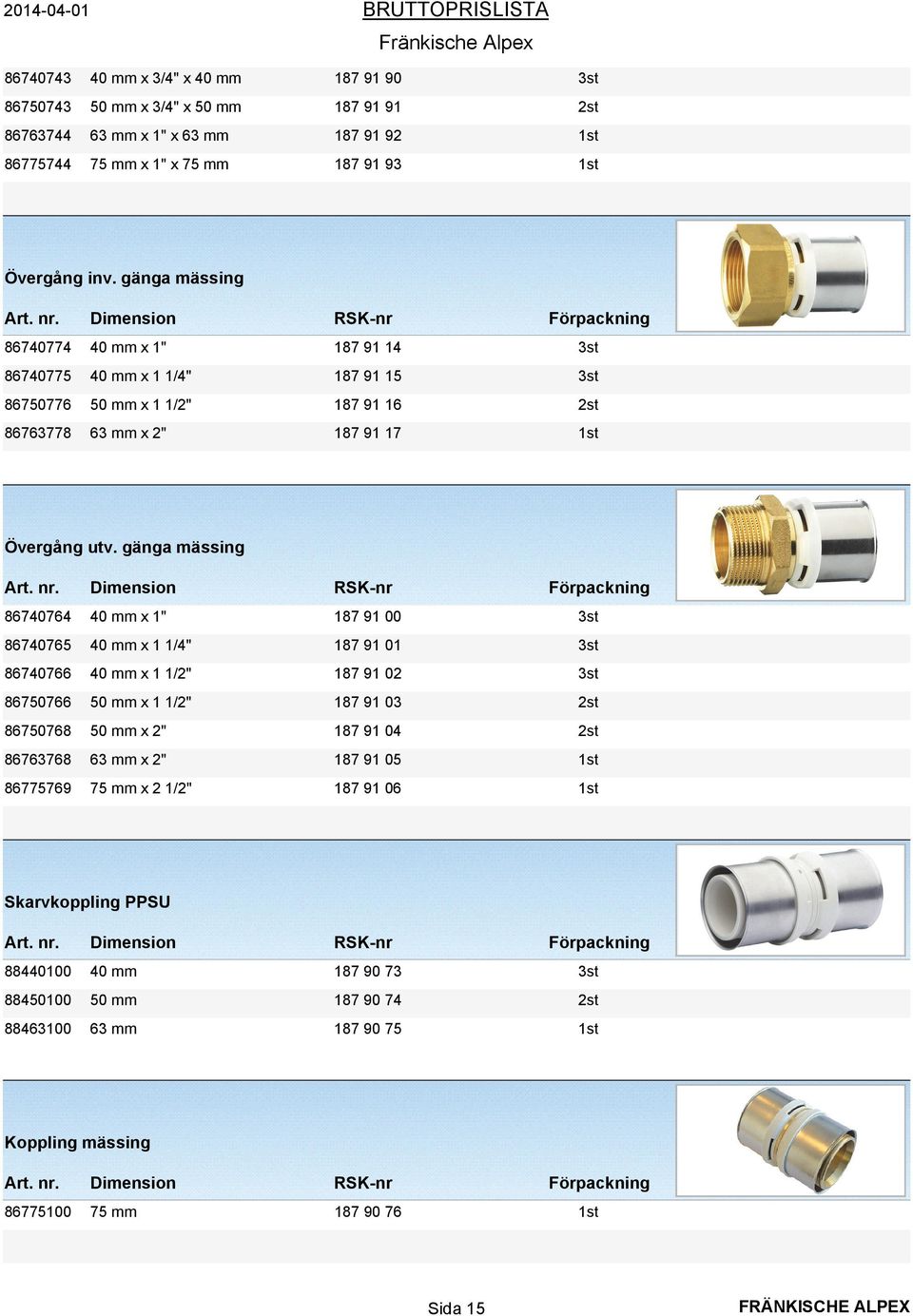 gänga mässing 86740764 40 mm x 1" 187 91 00 3st 86740765 40 mm x 1 1/4" 187 91 01 3st 86740766 40 mm x 1 1/2" 187 91 02 3st 86750766 50 mm x 1 1/2" 187 91 03 2st 86750768 50 mm x 2" 187 91 04 2st