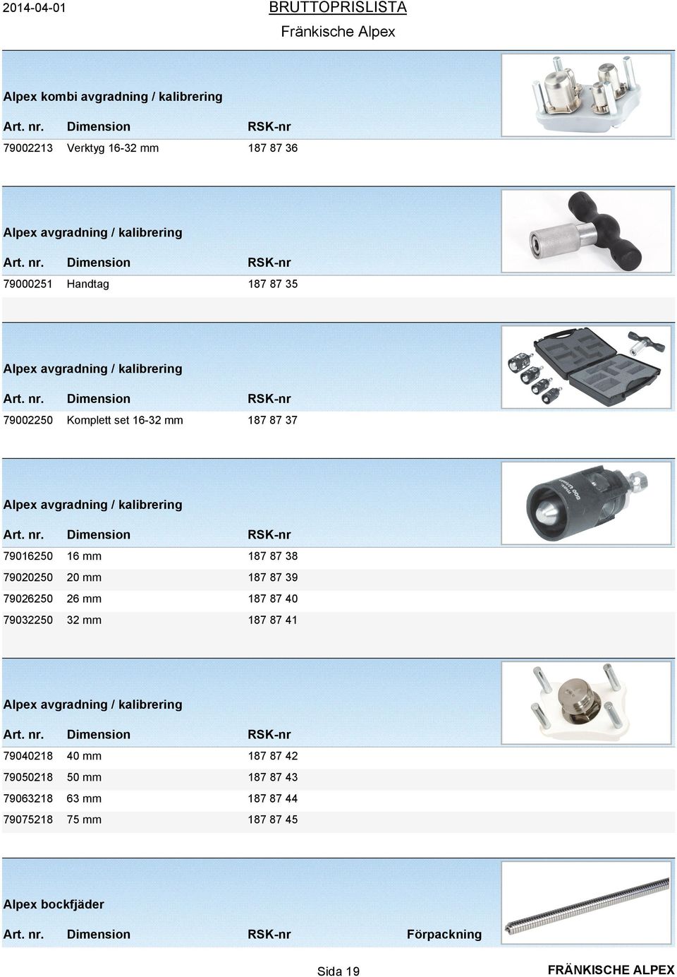 16 mm 187 87 38 79020250 20 mm 187 87 39 79026250 26 mm 187 87 40 79032250 32 mm 187 87 41 Alpex avgradning / kalibrering