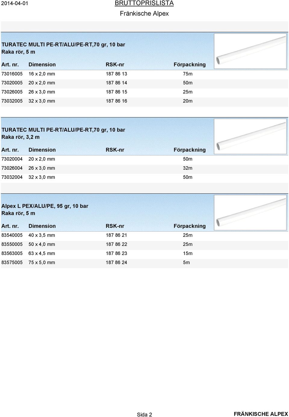 73020004 20 x 2,0 mm 50m 73026004 26 x 3,0 mm 32m 73032004 32 x 3,0 mm 50m Alpex L PEX/ALU/PE, 95 gr, 10 bar Raka rör, 5 m 83540005