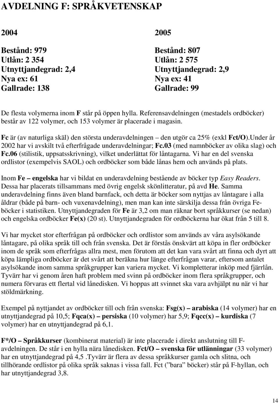 Fc är (av naturliga skäl) den största underavdelningen den utgör ca 25% (exkl Fct/O).Under år 2002 har vi avskilt två efterfrågade underavdelningar; Fc.03 (med namnböcker av olika slag) och Fc.
