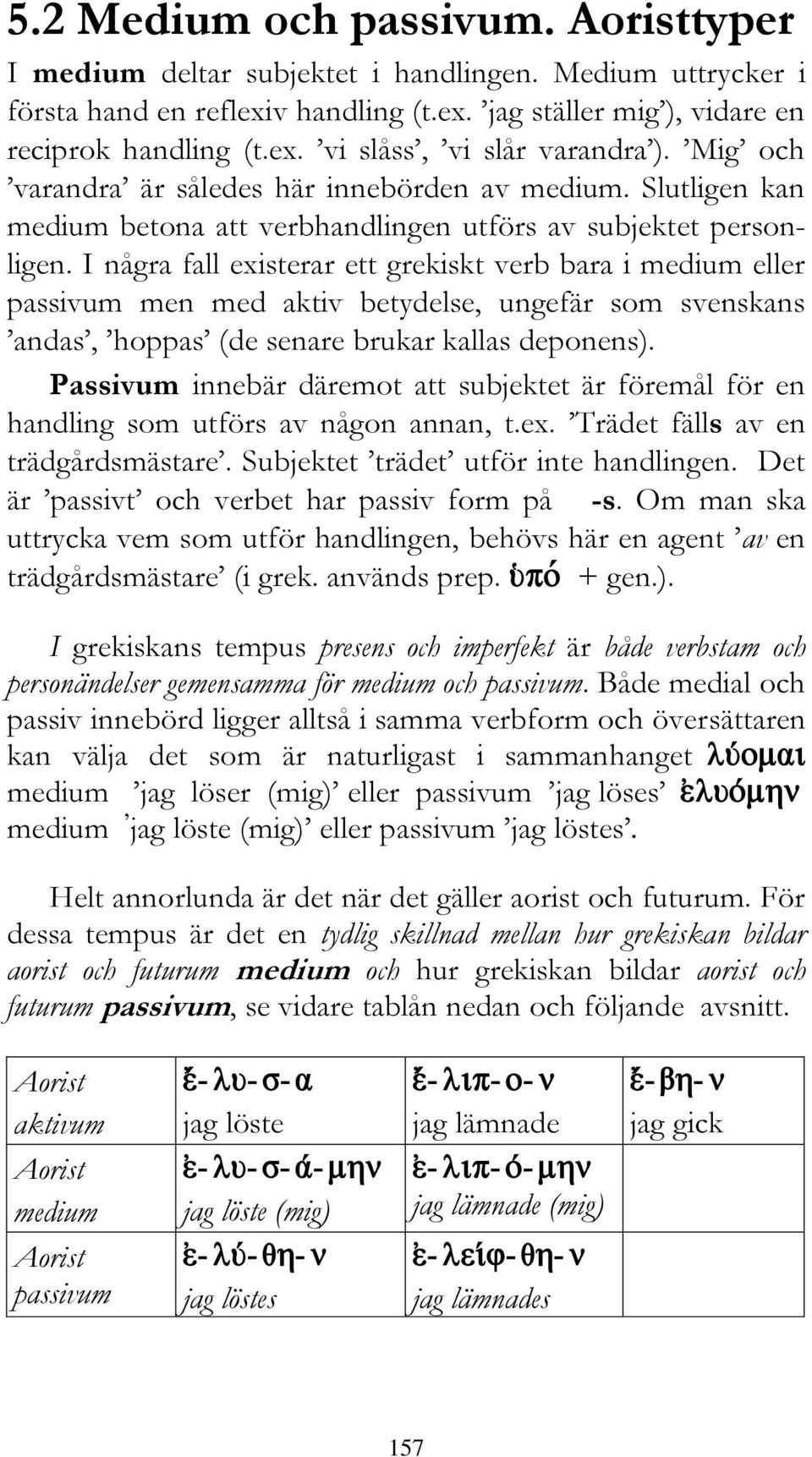 I några fall existerar ett grekiskt verb bara i medium eller passivum men med aktiv betydelse, ungefär som svenskans andas, hoppas (de senare brukar kallas deponens).