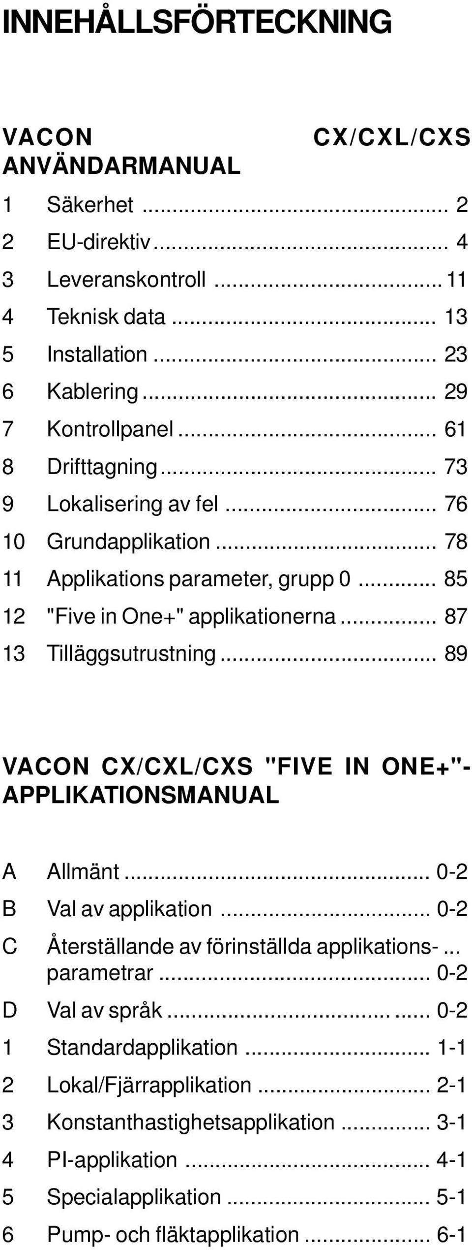 .. 89 VACON CX/CXL/CXS "FIVE IN ONE+"- APPLIKATIONSMANUAL A Allmänt... 0-2 B Val av applikation... 0-2 C Återställande av förinställda applikations-... parametrar... 0-2 D Val av språk.