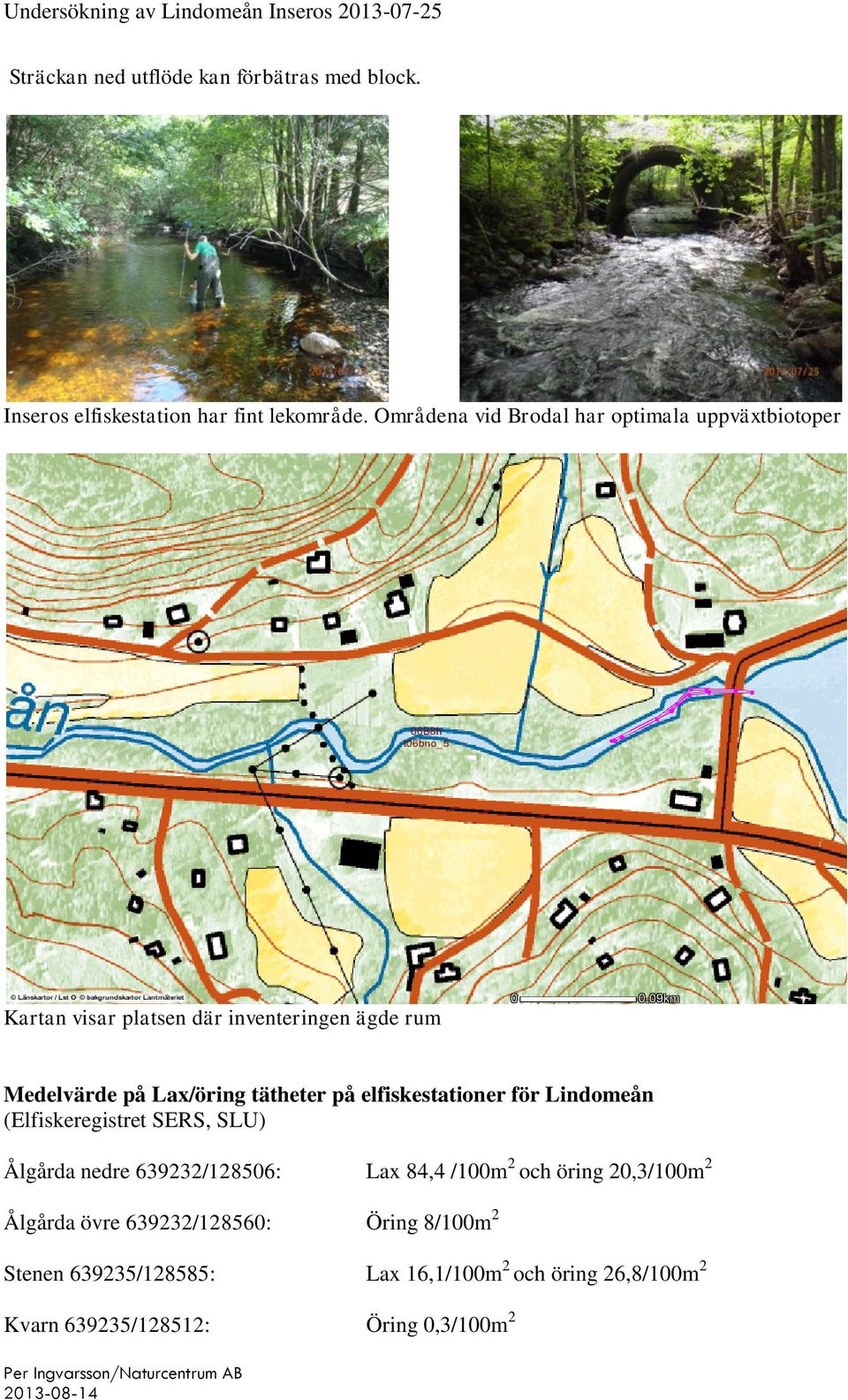 tätheter på elfiskestationer för Lindomeån (Elfiskeregistret SERS, SLU) Ålgårda nedre 639232/128506: Lax 84,4 /100m 2 och