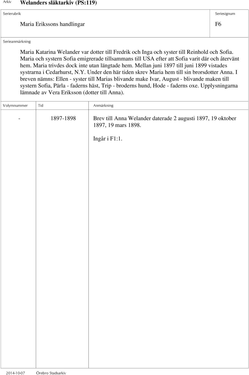 Mellan juni 1897 till juni 1899 vistades systrarna i Cedarhurst, N.Y. Under den här tiden skrev Maria hem till sin brorsdotter Anna.