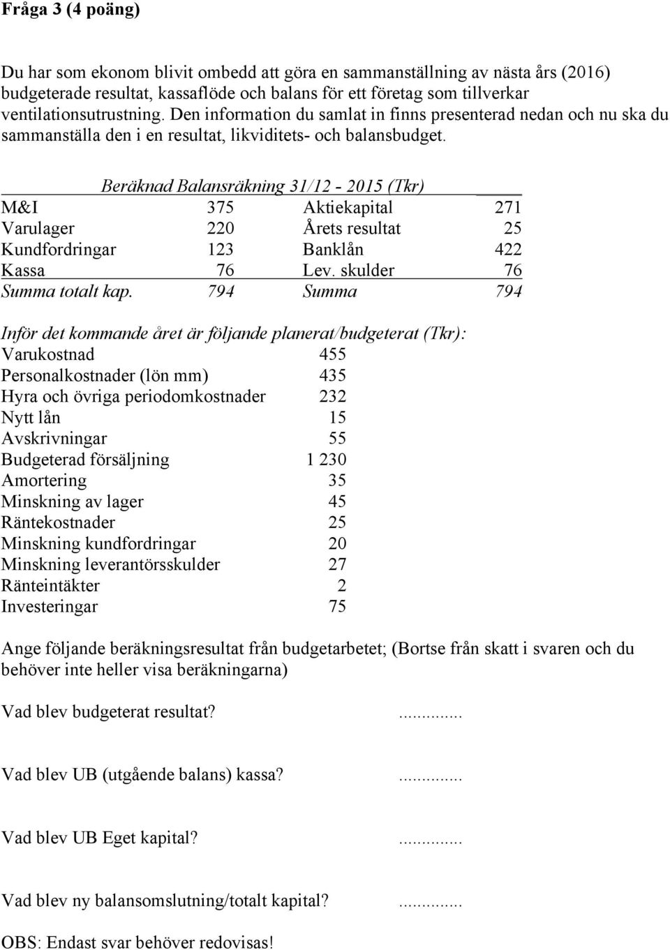 Beräknad Balansräkning 31/12-2015 (Tkr) M&I 375 Aktiekapital 271 Varulager 220 Årets resultat 25 Kundfordringar 123 Banklån 422 Kassa 76 Lev. skulder 76 Summa totalt kap.