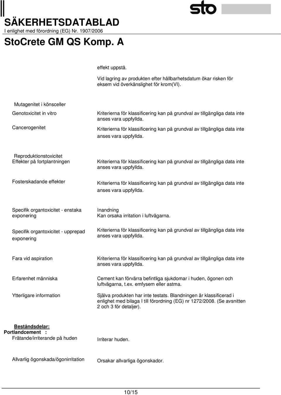 organtoxicitet - upprepad exponering Inandning Kan orsaka irritation i luftvägarna.