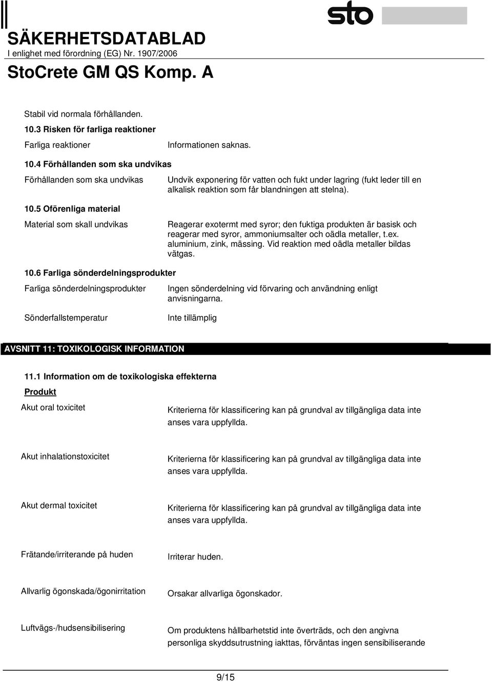 4 Förhållanden som ska undvikas Förhållanden som ska undvikas Undvik exponering för vatten och fukt under lagring (fukt leder till en alkalisk reaktion som får blandningen att stelna). 10.