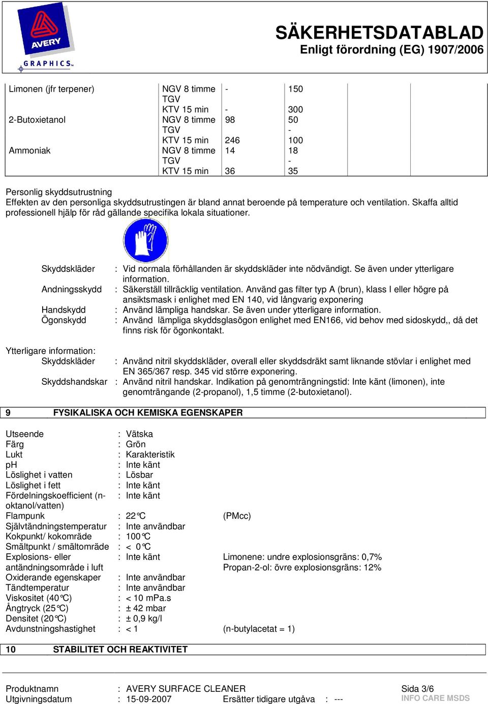 Skyddskläder Andningsskydd Handskydd Ögonskydd Vid normala förhållanden är skyddskläder inte nödvändigt. Se även under ytterligare information. Säkerställ tillräcklig ventilation.