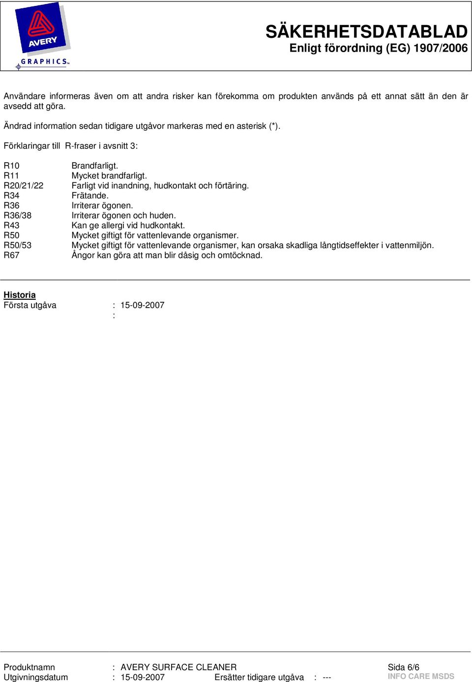 R36/38 Irriterar ögonen och huden. R43 Kan ge allergi vid hudkontakt. R50 Mycket giftigt för vattenlevande organismer.