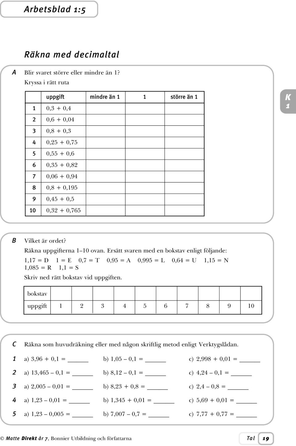 Räkna uppgifterna 0 ovan. Ersätt svaren med en bokstav enligt följande:,7 = D = E 0,7 = T 0,95 = A 0,995 = L 0,64 = U,5 = N,085 = R, = S Skriv ned rätt bokstav vid uppgiften.