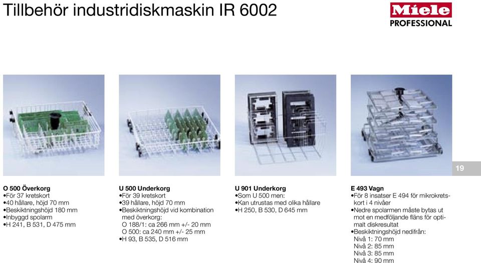 B 535, D 516 mm U 901 Underkorg Som U 500 men: Kan utrustas med olika hållare H 250, B 530, D 645 mm E 493 Vagn För 8 insatser E 494 för mikrokretskort i 4 nivåer