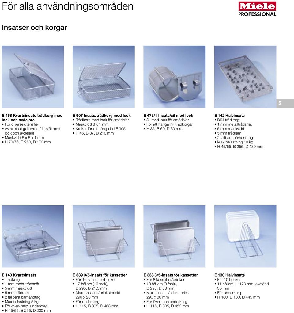 för smådelar För att hänga in i trådkorgar H 85, B 60, D 60 mm E 142 Halvinsats DIN-trådkorg 1 mm metalltrådsnät 5 mm maskvidd 5 mm trådram 2 fällbara bärhandtag Max belastning 10 kg H 45/55, B 255,