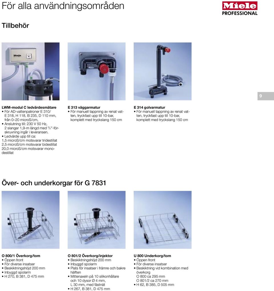 Ledvärde upp till ca: 1,5 micros/cm motsvarar tridestillat 2,5 micros/cm motsvarar bidestillat 20,0 micros/cm motsvarar monodestillat E 313 väggarmatur För manuell tappning av renat vatten, tryckfast