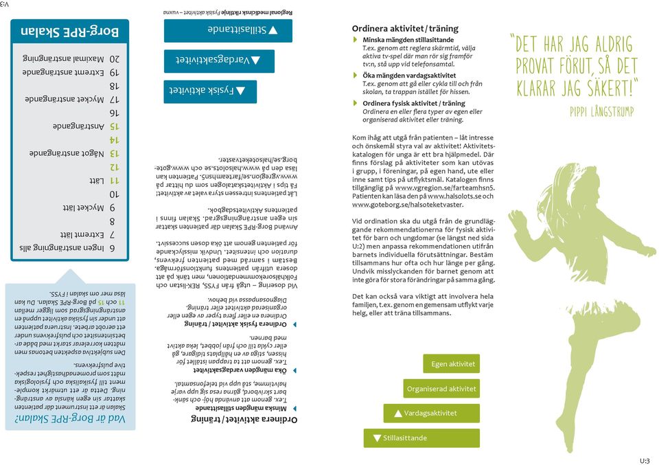 Instruera patienten att under sin fysiska aktivitet uppnå en ansträngningsgrad som ligger mellan 11 och 15 på Borg-RPE Skalan. Du kan läsa mer om skalan i FYSS. Vad är Borg-RPE Skalan?