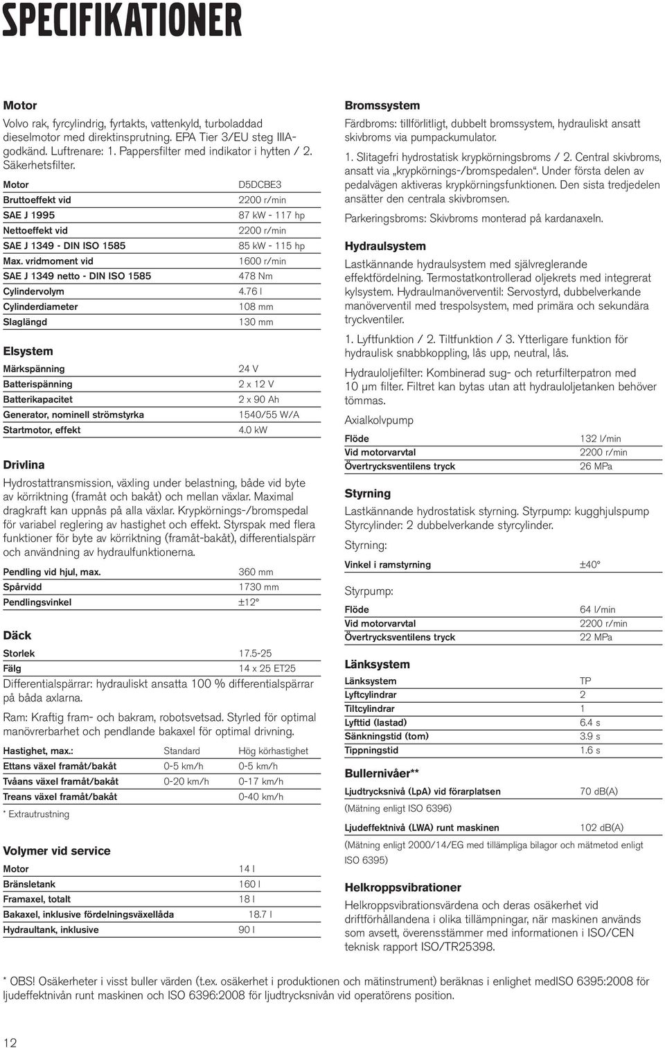 vridmoment vid SAE J 1349 netto - DIN ISO 1585 Cylindervolym Cylinderdiameter Slaglängd Elsystem Märkspänning Batterispänning Batterikapacitet Generator, nominell strömstyrka Startmotor, effekt