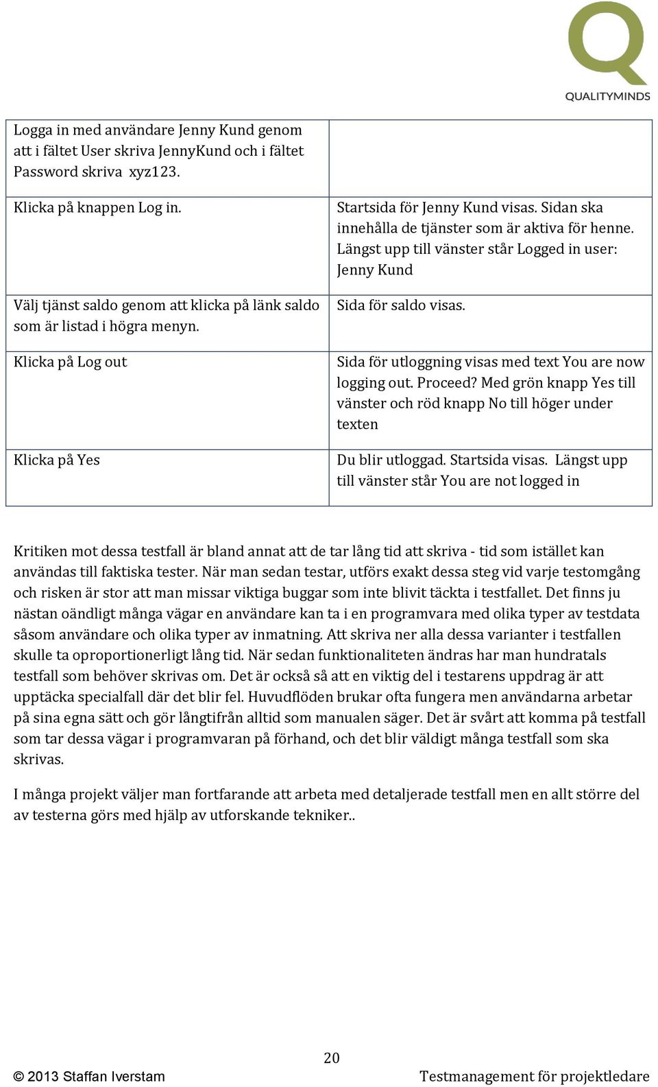 Längst upp till vänster står Logged in user: Jenny Kund Sida för saldo visas. Sida för utloggning visas med text You are now logging out. Proceed?