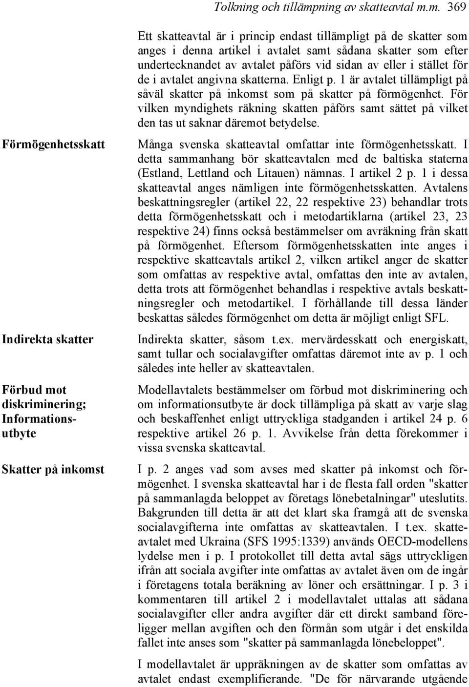 m. 369 Förmögenhetsskatt Indirekta skatter Förbud mot diskriminering; Informationsutbyte Skatter på inkomst Ett skatteavtal är i princip endast tillämpligt på de skatter som anges i denna artikel i