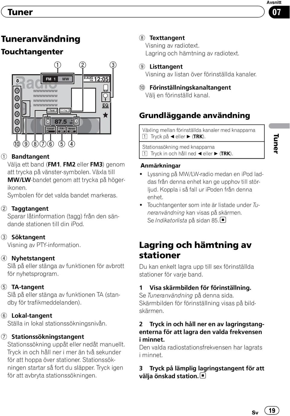 Symbolen för det valda bandet markeras. 2 Taggtangent Sparar låtinformation (tagg) från den sändande stationen till din ipod. 3 Söktangent Visning av PTY-information.