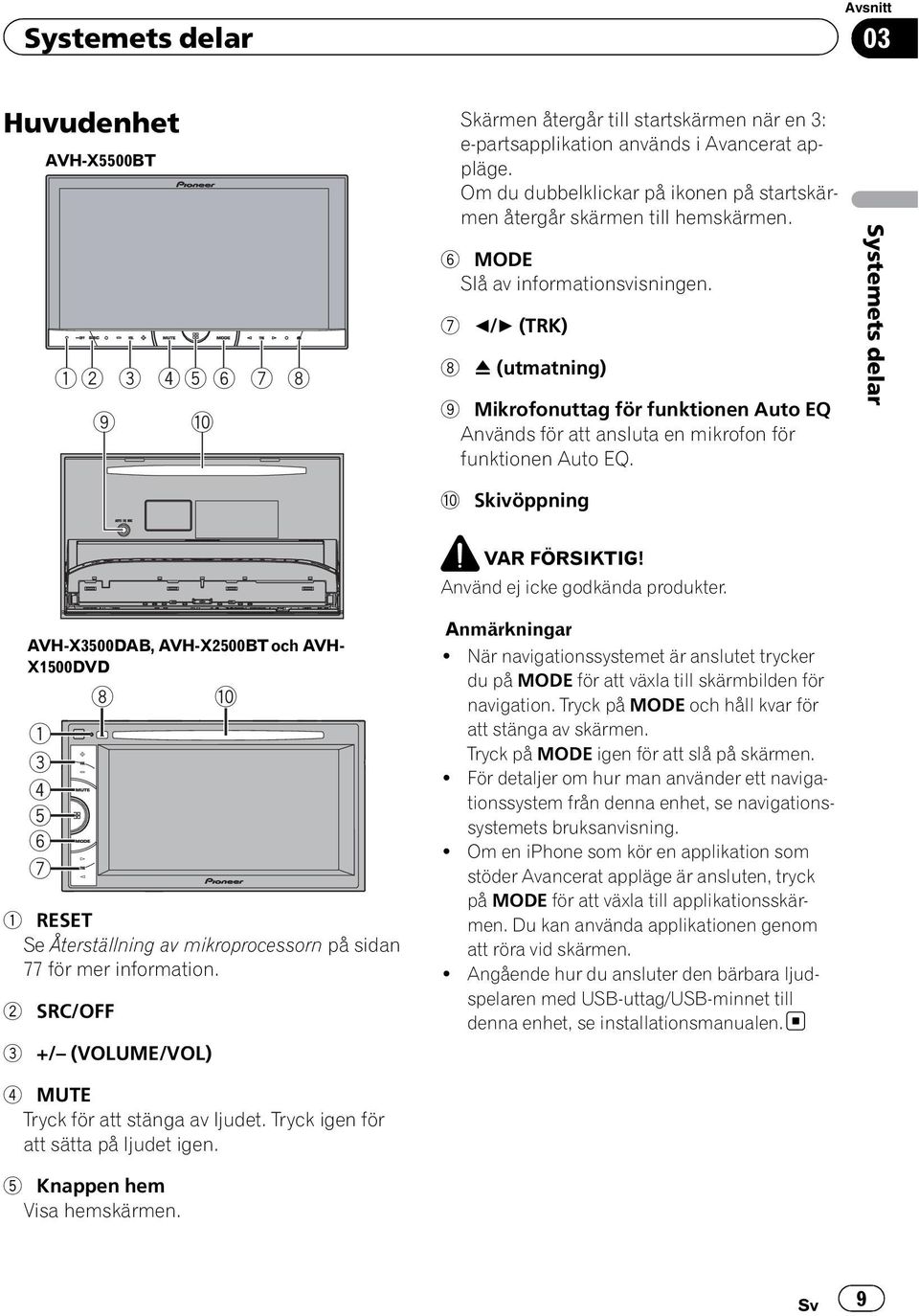 7 c/d (TRK) 8 h (utmatning) 9 Mikrofonuttag för funktionen Auto EQ Används för att ansluta en mikrofon för funktionen Auto EQ.