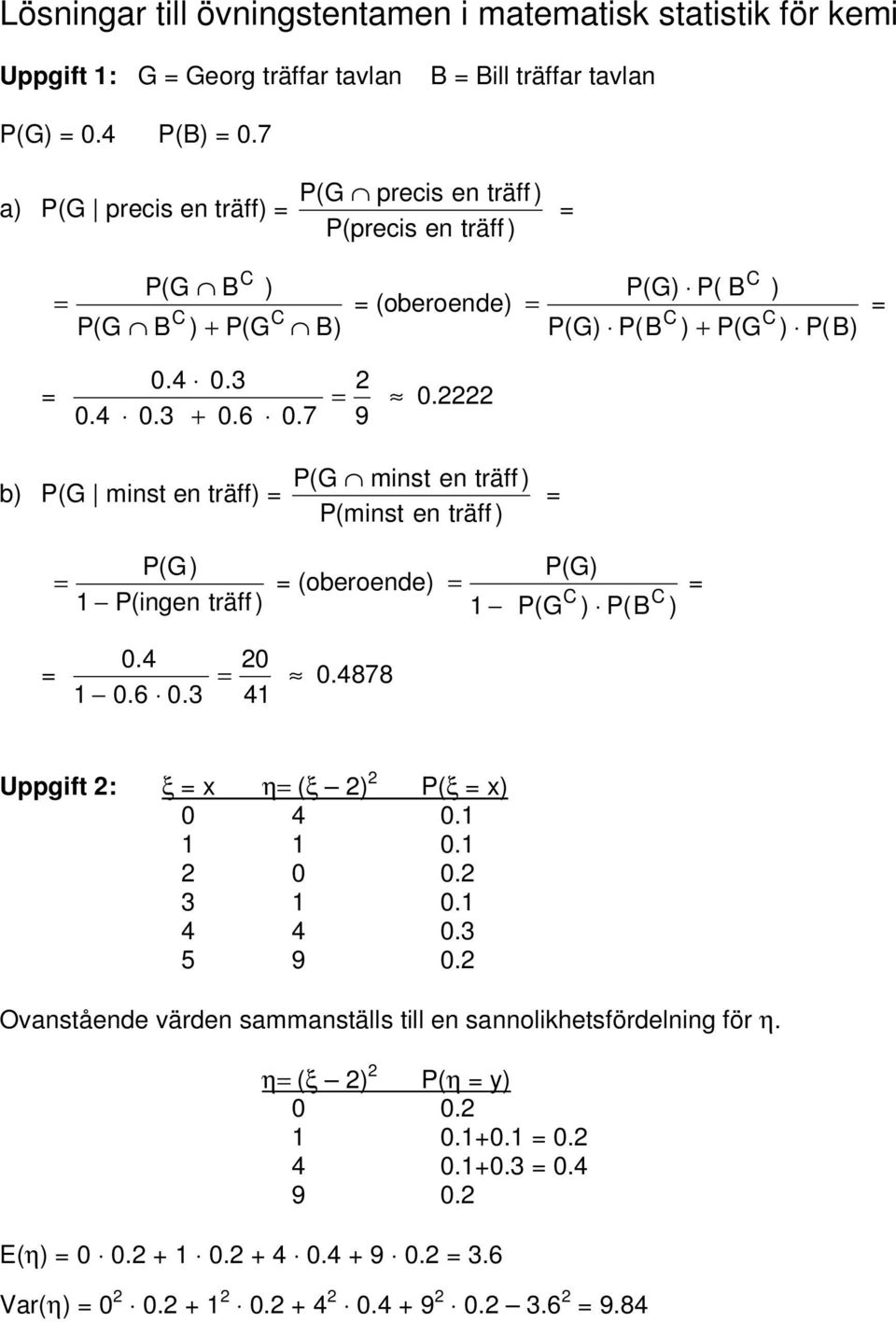 P(G minst en träff) b) P(G minst en träff) P(minst en träff) P(G) (oberoende) 1 P(ingen träff) P(G) 1 P(G C C ) P(B ) 0.4 1 0.6 0.3 0 41 0.4878 Uppgift : ξ x η (ξ ) P(ξ x) 0 4 0.