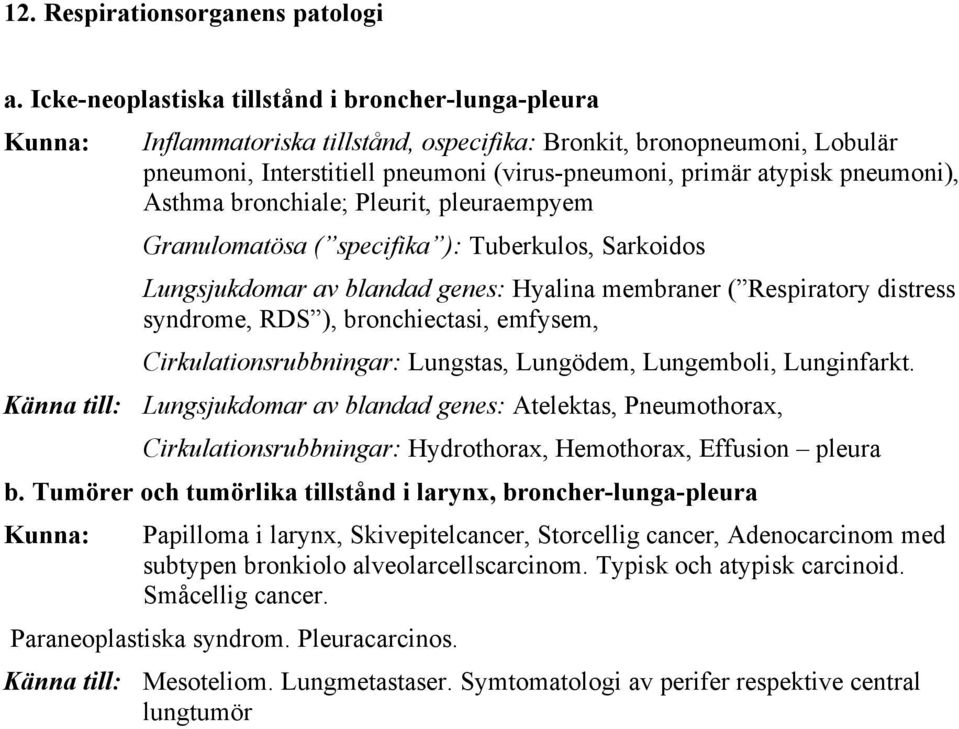 Asthma bronchiale; Pleurit, pleuraempyem Granulomatösa ( specifika ): Tuberkulos, Sarkoidos Lungsjukdomar av blandad genes: Hyalina membraner ( Respiratory distress syndrome, RDS ), bronchiectasi,