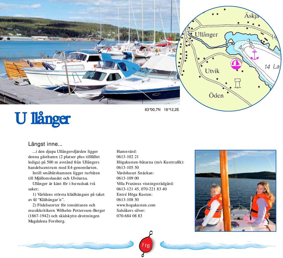 Intill småbåtshamnen ligger turbåten till Mjällomslandet och Ulvöarna. Ullånger är känt för i huvudsak två saker; 1) Världens största klädhängare på taket av fd Klähängar n.