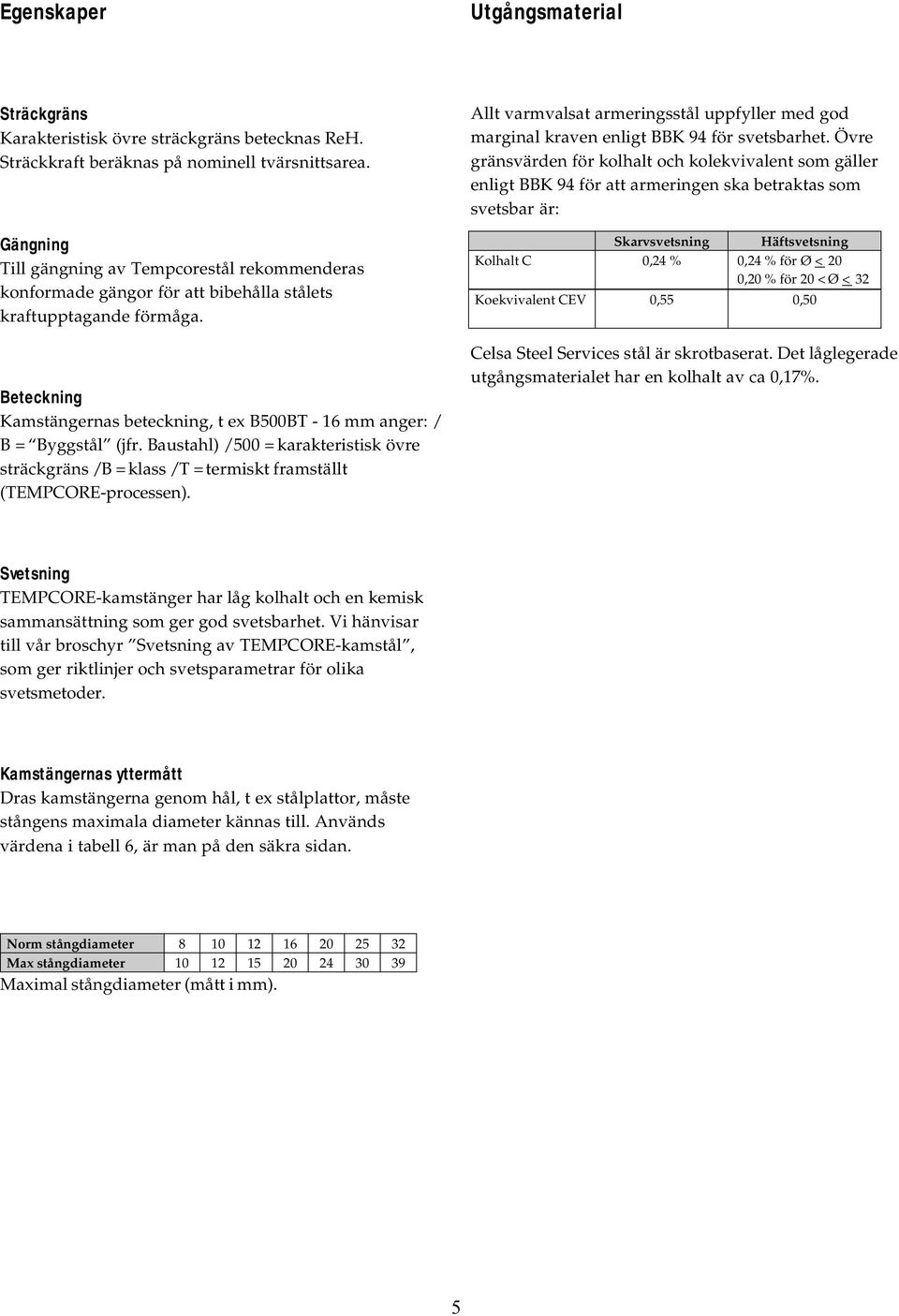 Beteckning Kamstängernas beteckning, t ex B500BT - 16 mm anger: / B = Byggstål (jfr. Baustahl) / 500 = karakteristisk övre sträckgräns / B = klass / T = termiskt framställt (TEMPCORE-processen).