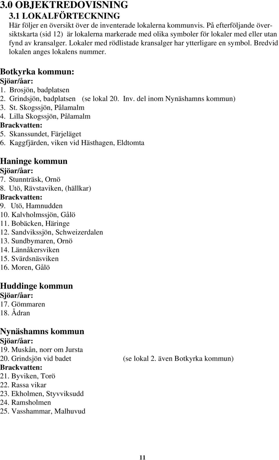 Bredvid lokalen anges lokalens nummer. Botkyrka kommun: Sjöar/åar: 1. Brosjön, badplatsen 2. Grindsjön, badplatsen (se lokal 20. Inv. del inom Nynäshamns kommun) 3. St. Skogssjön, Pålamalm 4.