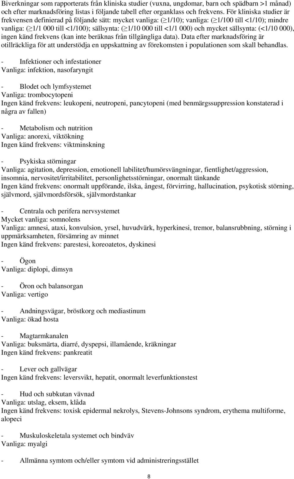 mycket sällsynta: (<1/10 000), ingen känd frekvens (kan inte beräknas från tillgängliga data).