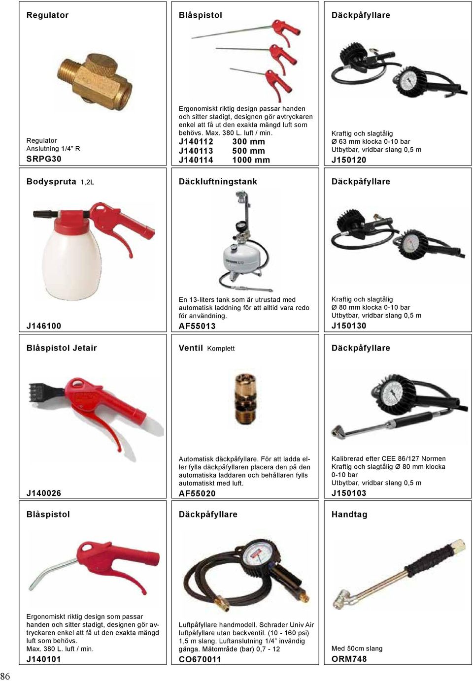 J140112 300 mm J140113 500 mm J140114 1000 mm Däckluftningstank Kraftig och slagtålig Ø 63 mm klocka 0-10 bar Utbytbar, vridbar slang 0,5 m J150120 Däckpåfyllare J146100 Blåspistol Jetair En