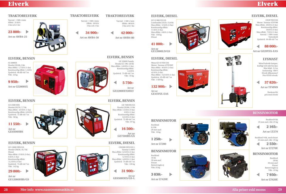 Max effekt: 6 kva (1-fas) Vikt: 156 kg Elstart GE20 YSX EAS Motor: Yanmar 4TNV88 Max effekt: 20 kva (3-fas) Kontinuerlig effekt: 18 kva (3-fas) Max effekt: 7 kva (1-fas) Varvtal: 1 500 v/min