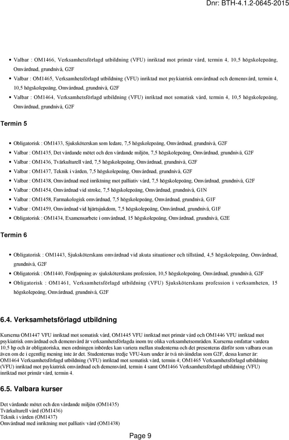 högskolepoäng, Omvårdnad, grundnivå, G2F Termin 5 Obligatorisk : OM1433, Sjuksköterskan som ledare, 7,5 högskolepoäng, Omvårdnad, grundnivå, G2F Valbar : OM1435, Det vårdande mötet och den vårdande