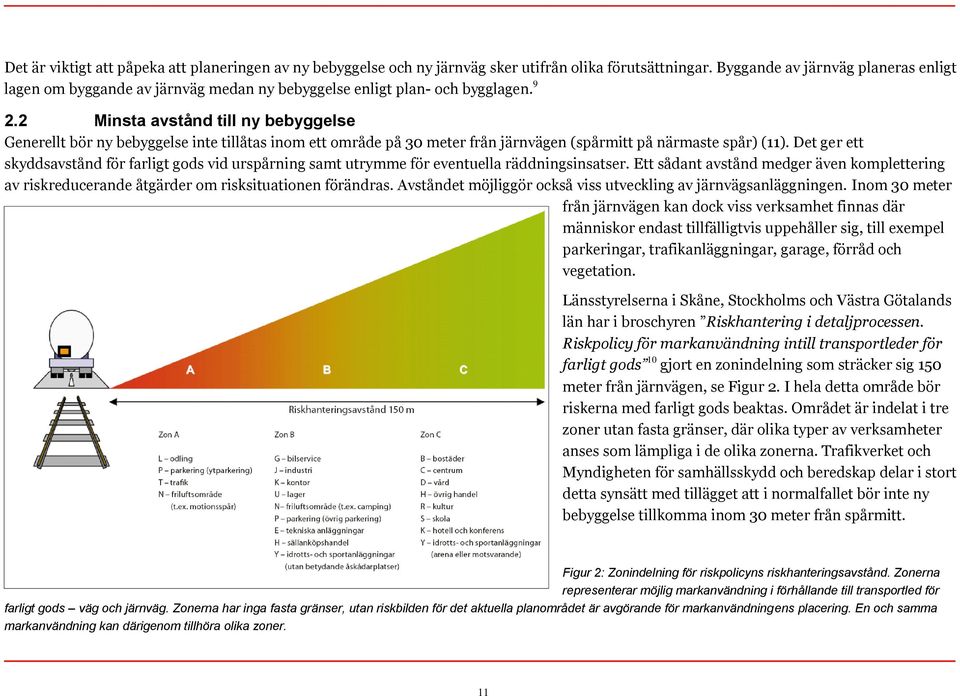 2 Minsta avstånd till ny bebyggelse Generellt bör ny bebyggelse inte tillåtas inom ett område på 30 meter från järnvägen (spårmitt på närmaste spår) (11).