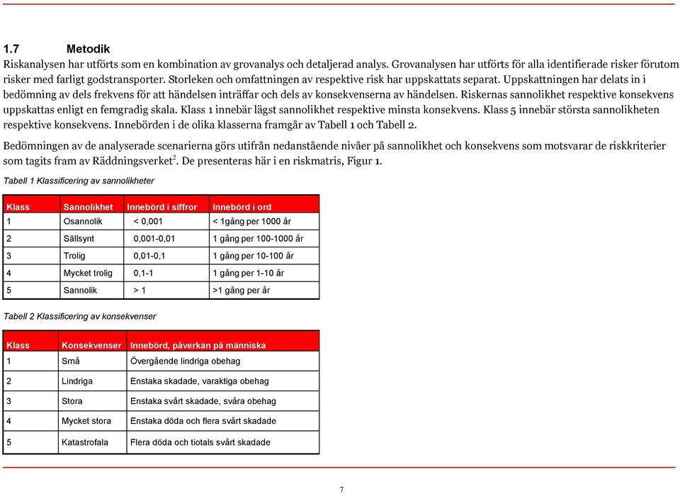 Riskernas sannolikhet respektive konsekvens uppskattas enligt en femgradig skala. Klass 1 innebär lägst sannolikhet respektive minsta konsekvens.