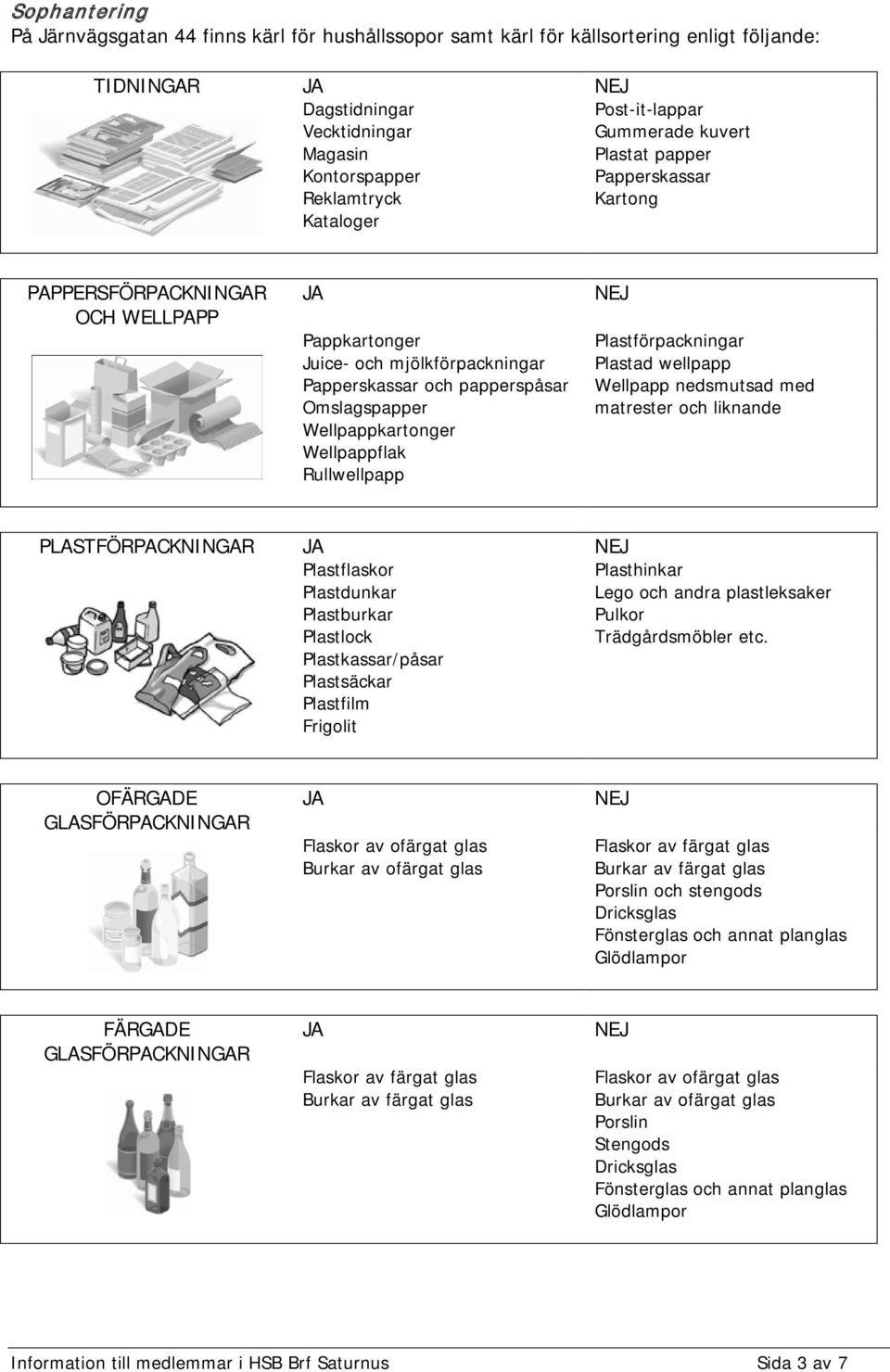 Wellpappkartonger Wellpappflak Rullwellpapp NEJ Plastförpackningar Plastad wellpapp Wellpapp nedsmutsad med matrester och liknande PLASTFÖRPACKNINGAR JA NEJ Plastflaskor Plastdunkar Plastburkar