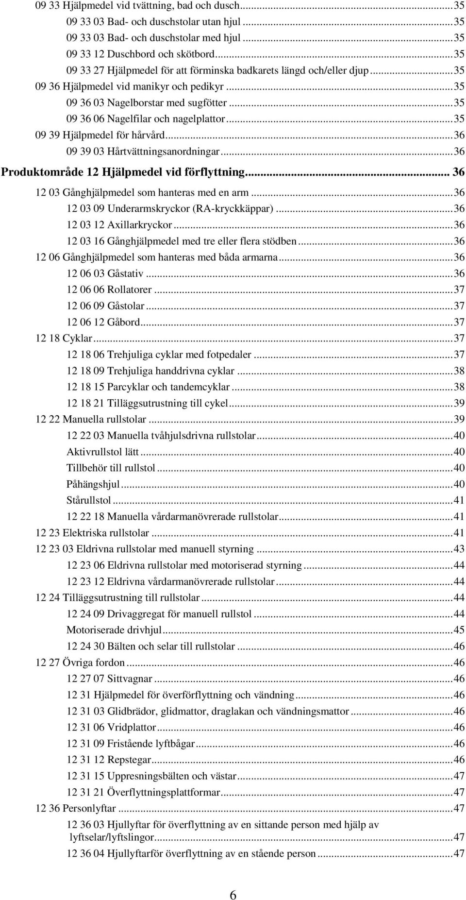.. 35 09 36 06 Nagelfilar och nagelplattor... 35 09 39 Hjälpmedel för hårvård... 36 09 39 03 Hårtvättningsanordningar... 36 Produktområde 12 Hjälpmedel vid förflyttning.